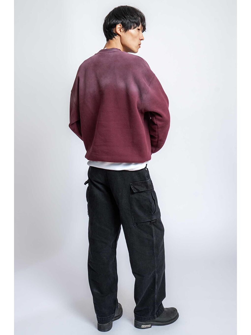 Erkek Minimal Yazı Detaylı Yıkamalı Sweatshirt Bordo-5