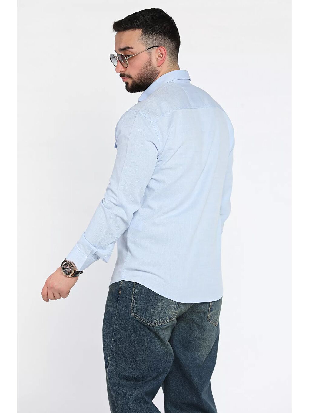 Mavi Çift Cepli Erkek Uzun Kol Gömlek-2