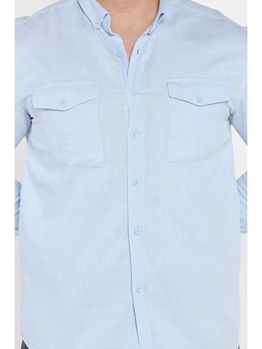 Mavi Çift Cepli Erkek Uzun Kol Gömlek-3