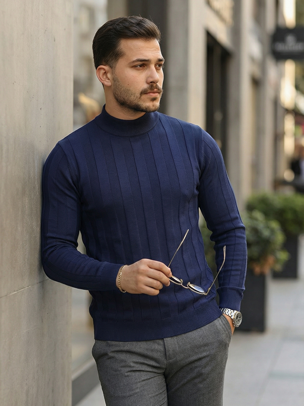 Lacivert Erkek Yarım Balıkçı Yaka Kabartma Desenli Triko-6