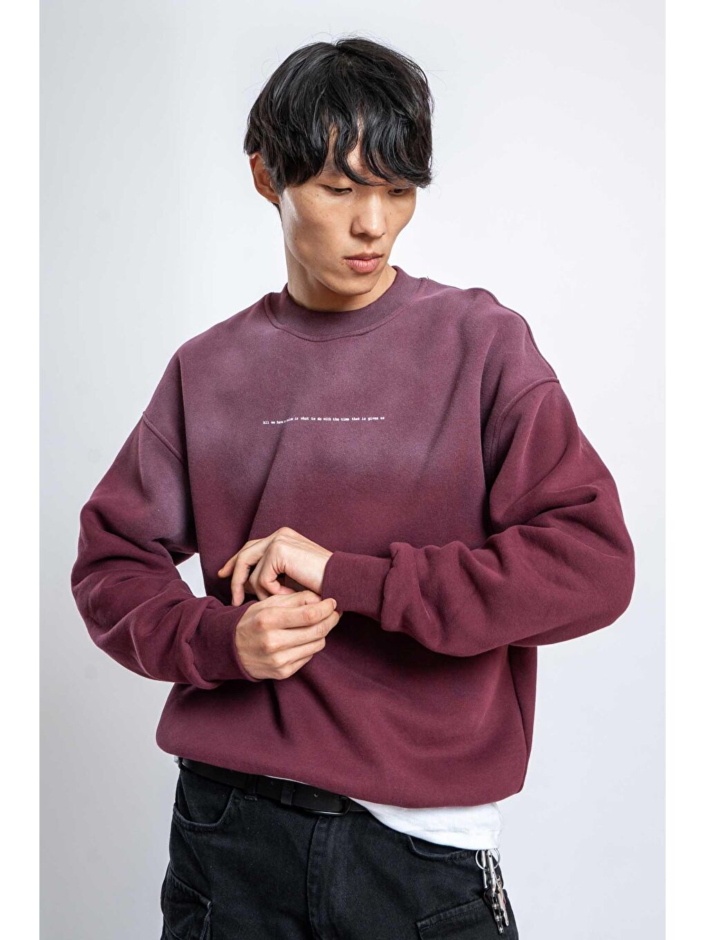Erkek Minimal Yazı Detaylı Yıkamalı Sweatshirt Bordo-3