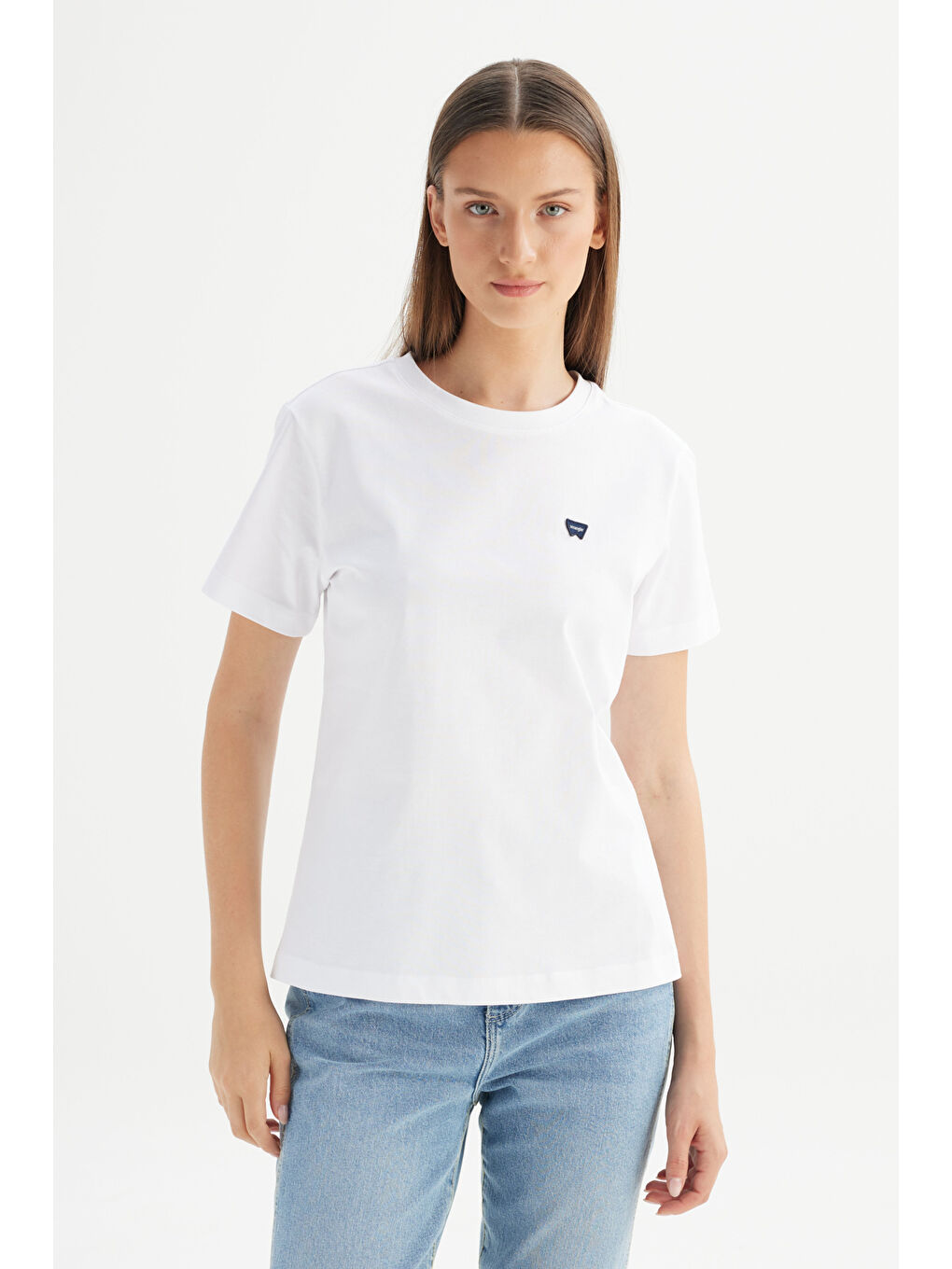 %100 Pamuk Regular Fit Normal Kesim Bisiklet Yaka Patch Logo Beyaz Tişört