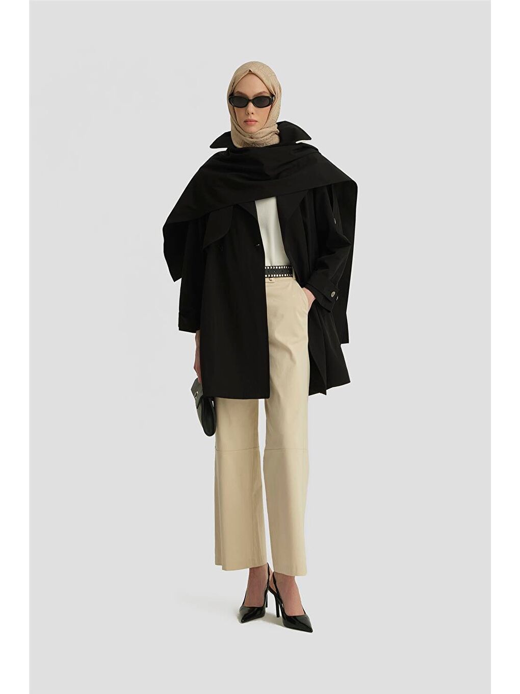 Atkı Detaylı Trençkot 25Y7805 Siyah-1