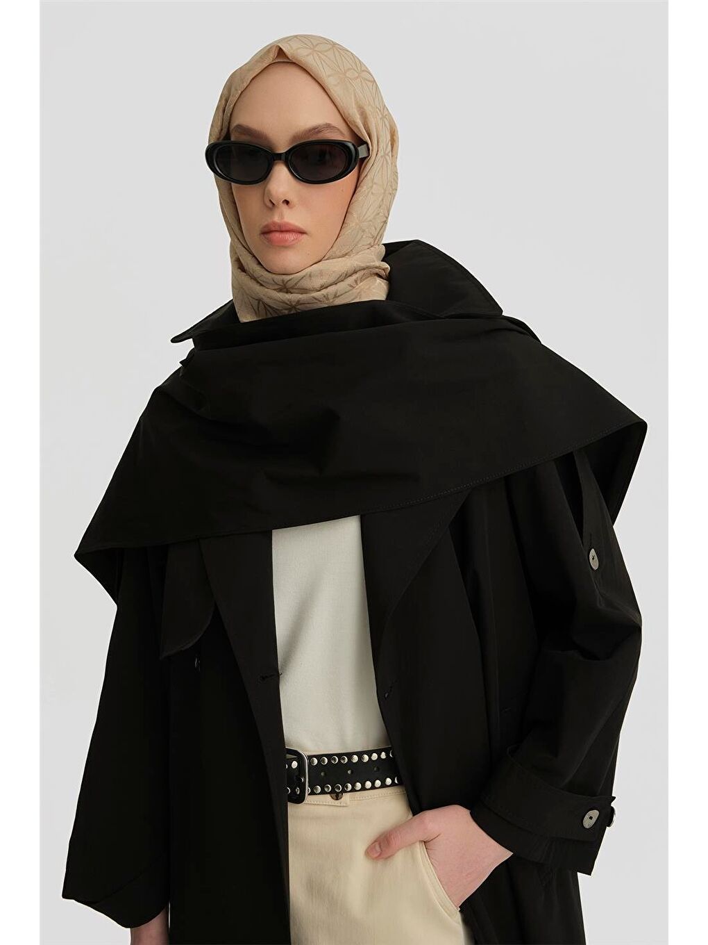 Atkı Detaylı Trençkot 25Y7805 Siyah-2