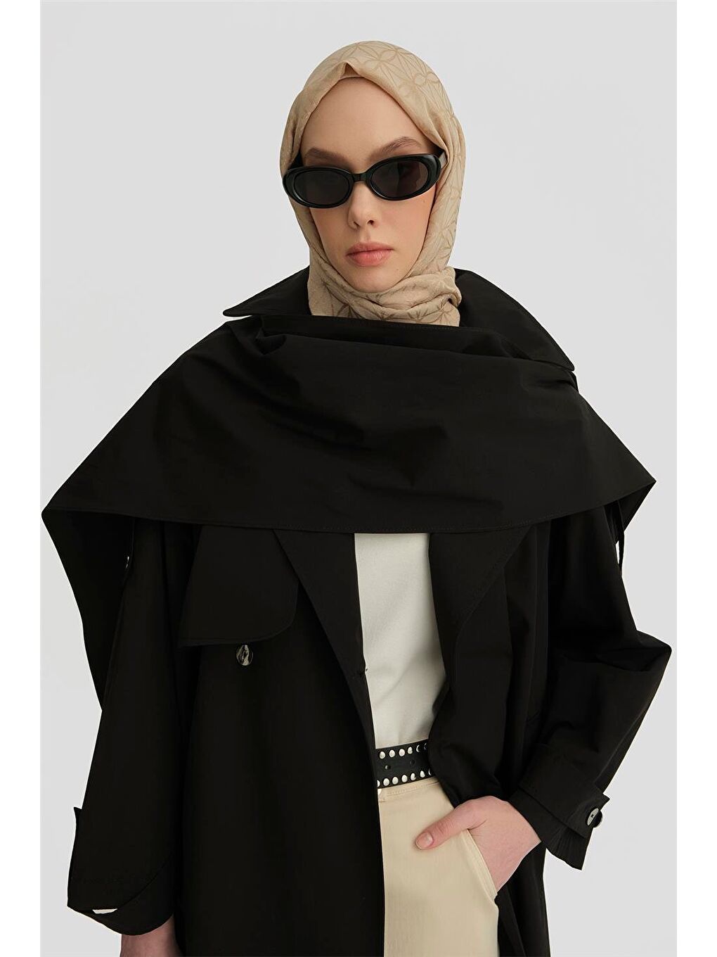 Atkı Detaylı Trençkot 25Y7805 Siyah-3