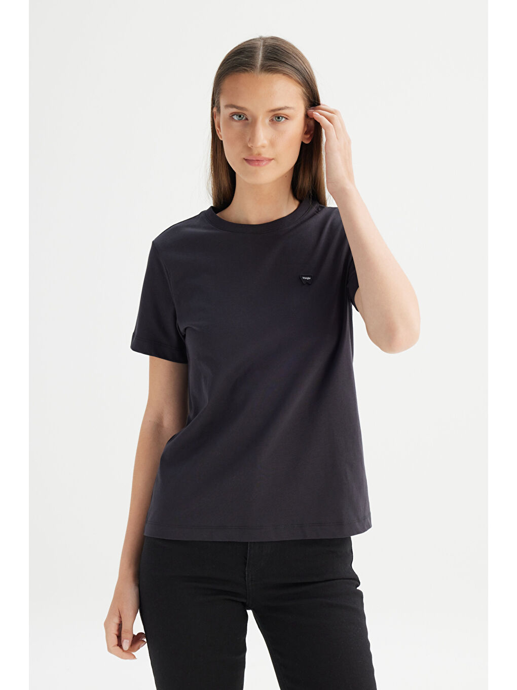 %100 Pamuk Regular Fit Normal Kesim Bisiklet Yaka Patch Logo Siyah Tişört-2