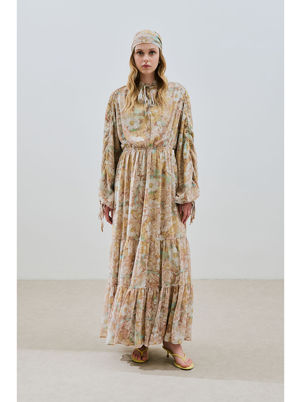 Turuncu Uzun Büzgülü Şifon Elbise Blossoms-1