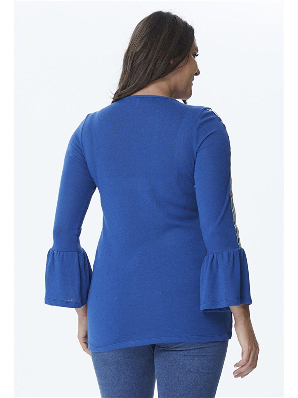 Mavi Kolları Şerit Volan Detaylı Örme Bluz-1