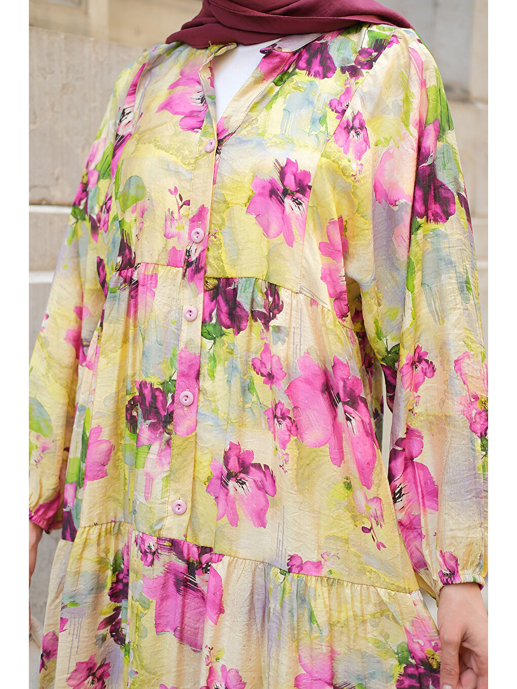 Kadın Tropikal Çiçek Desen Elbise Yağ Yeşil-4