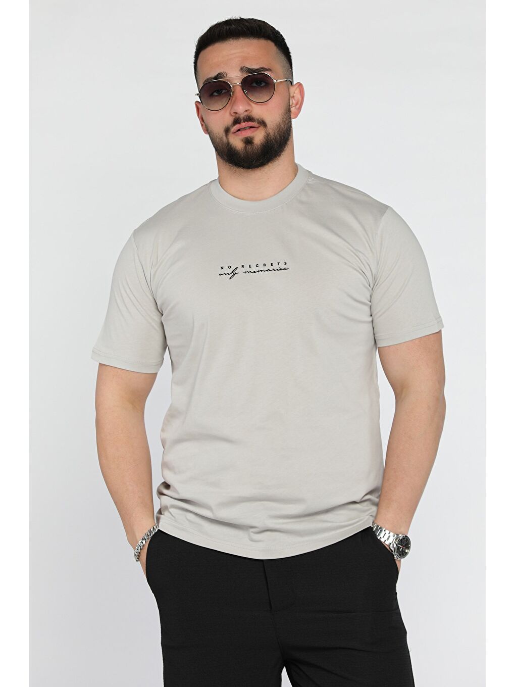 Gri Erkek Silikon Kabartma Yazı Baskılı Bisiklet Yaka Tişört