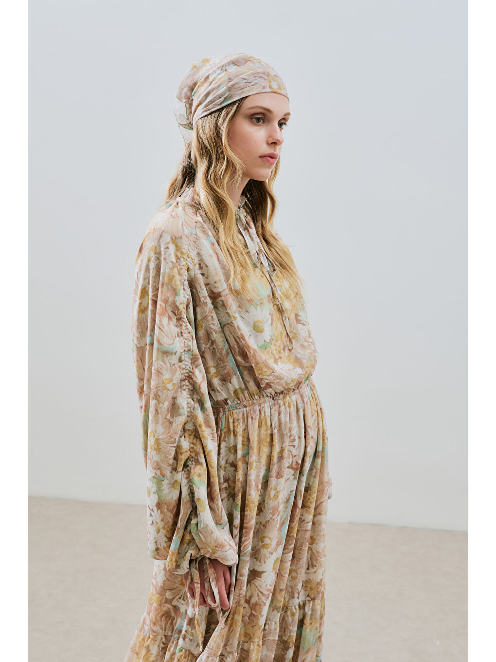 Turuncu Uzun Büzgülü Şifon Elbise Blossoms-2