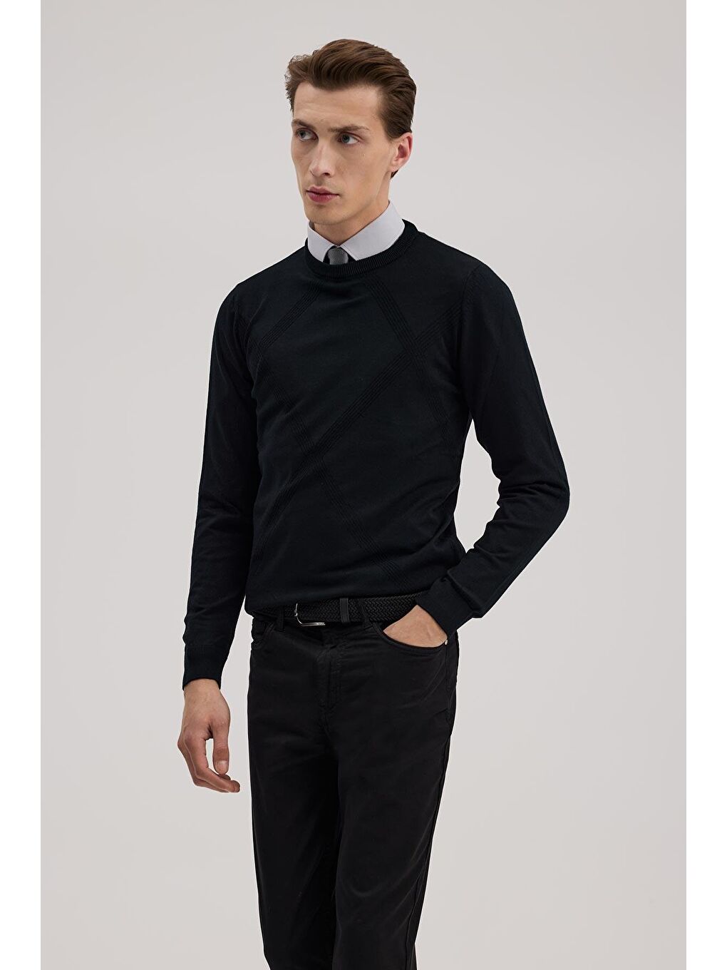 Siyah Slim Fit Desenli Bisiklet Yaka Triko