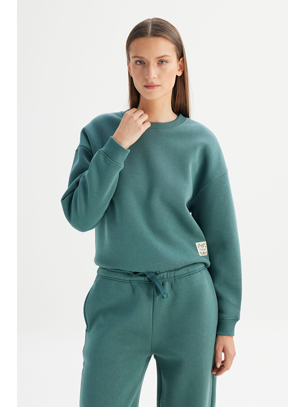 Relaxed Fit Geniş Kesim Bisiklet Yaka İçi Polarlı Yeşil Sweatshirt