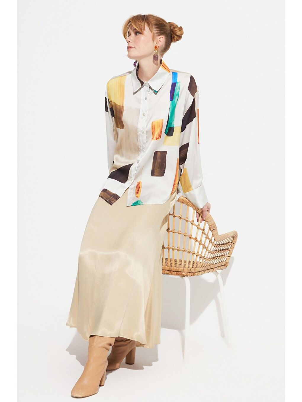 Bej Geometrik Desenli Gömlek-2