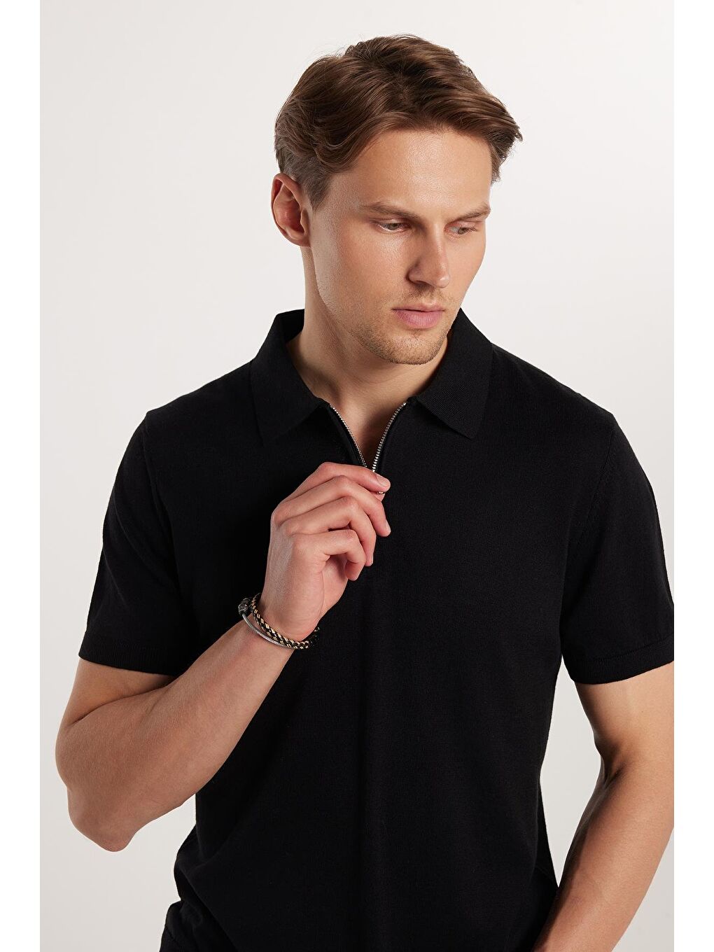 Erkek Slim Fit Dar Kesim Pamuklu Örme Triko Fermuarlı Siyah Polo Yaka Tişört-1