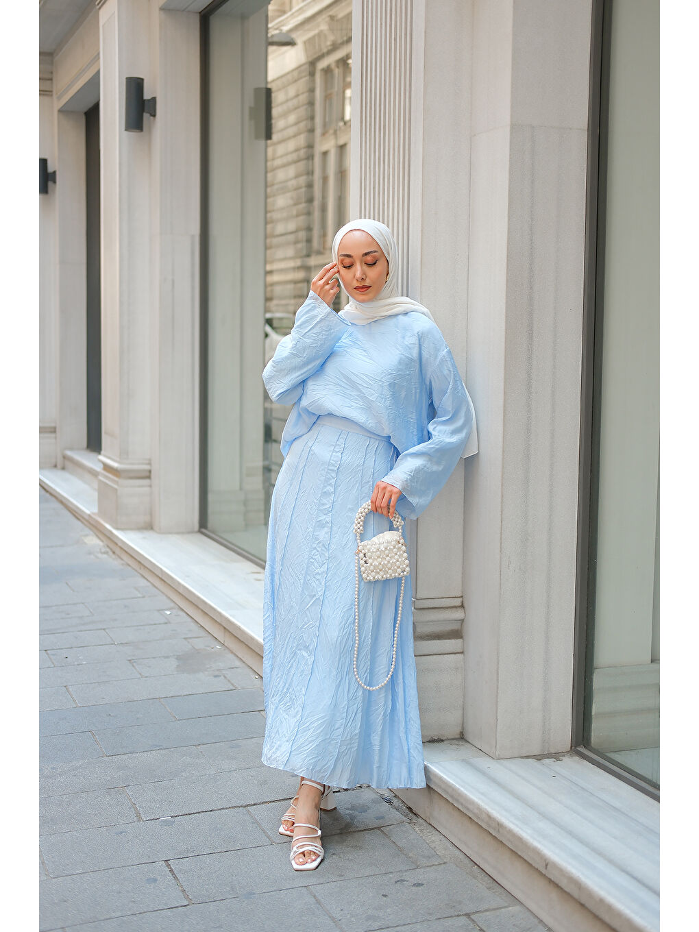 Kadın Kendinden Desenli İkili Takım Bebe Mavi-1