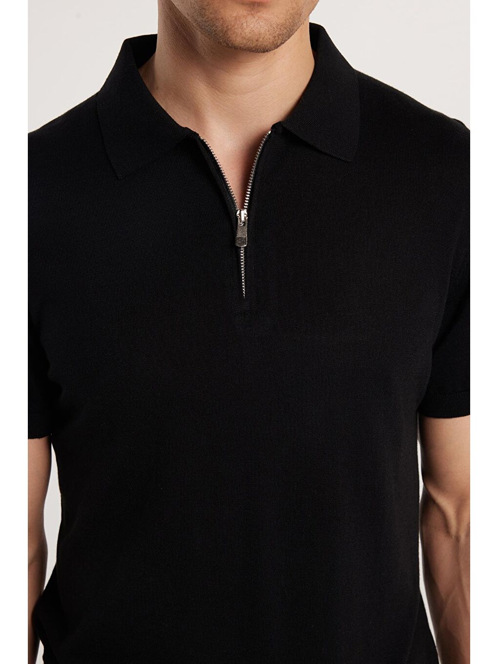 Erkek Slim Fit Dar Kesim Pamuklu Örme Triko Fermuarlı Siyah Polo Yaka Tişört-2