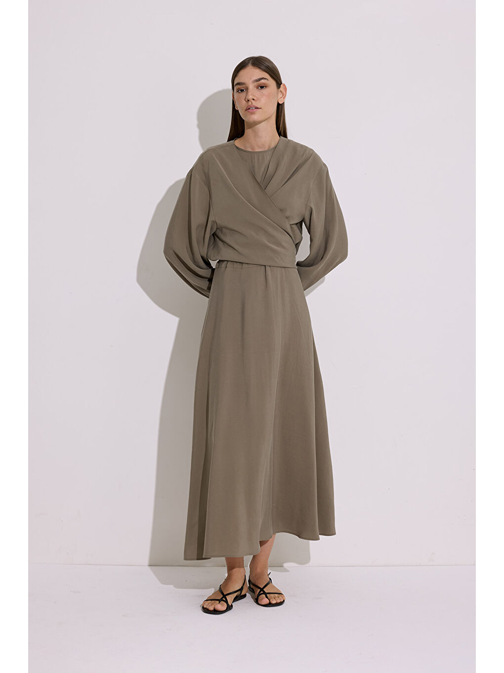 Modal Uzun Kol Anvelop Elbise Haki-2