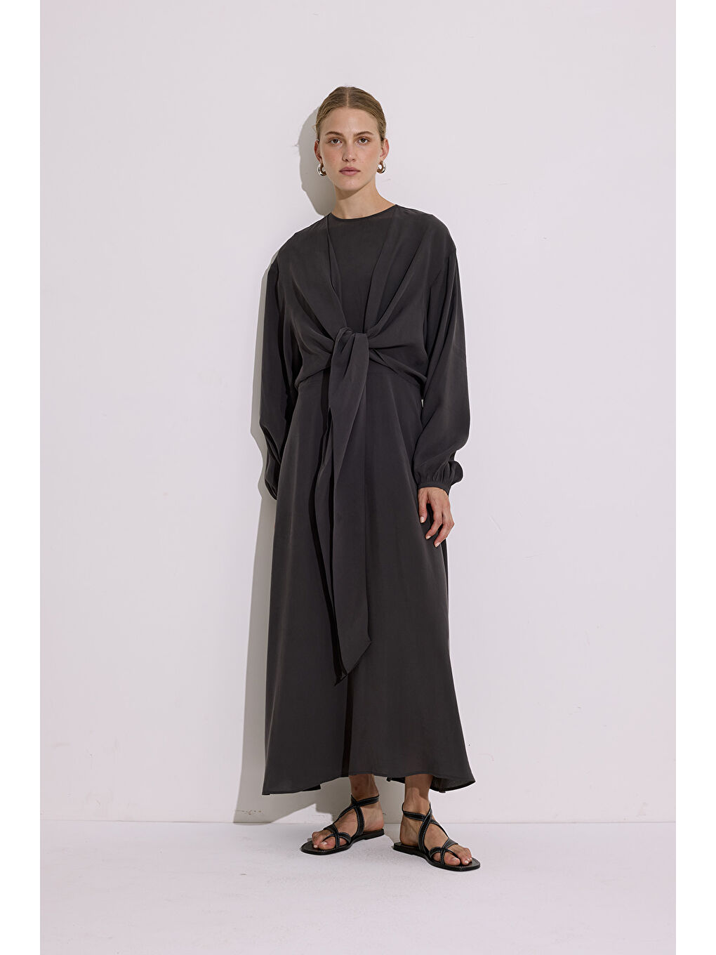 Modal Uzun Kol Anvelop Elbise Antrasit-1
