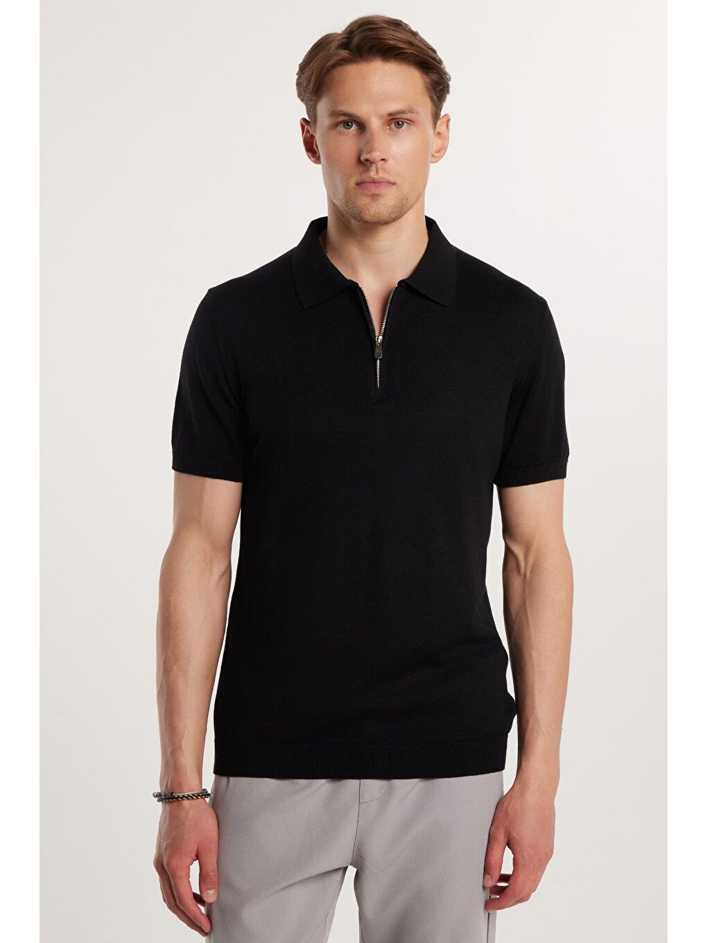 Erkek Slim Fit Dar Kesim Pamuklu Örme Triko Fermuarlı Siyah Polo Yaka Tişört-3