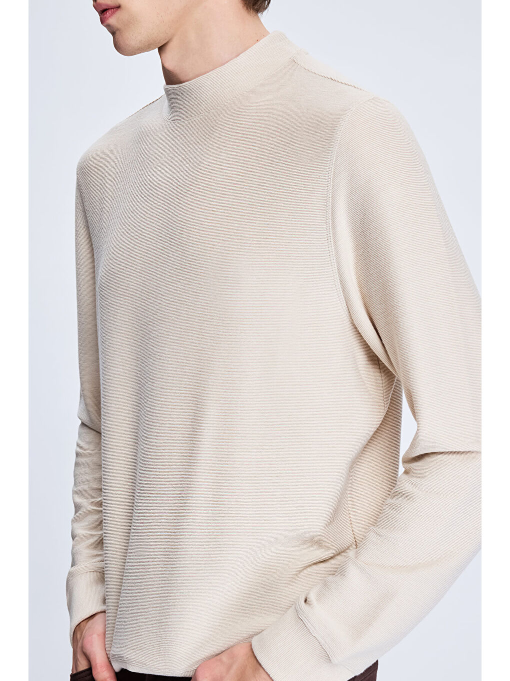 Bej Regular Fit Jakarlı Yarım Balıkçı Yaka Sweatshirt-3