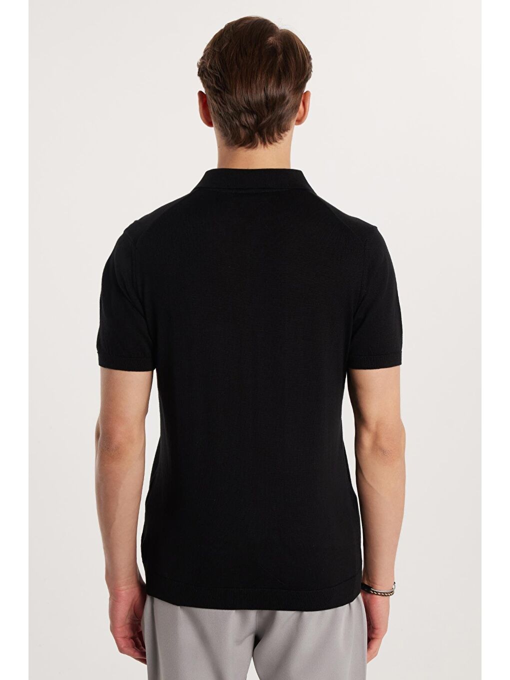 Erkek Slim Fit Dar Kesim Pamuklu Örme Triko Fermuarlı Siyah Polo Yaka Tişört-4