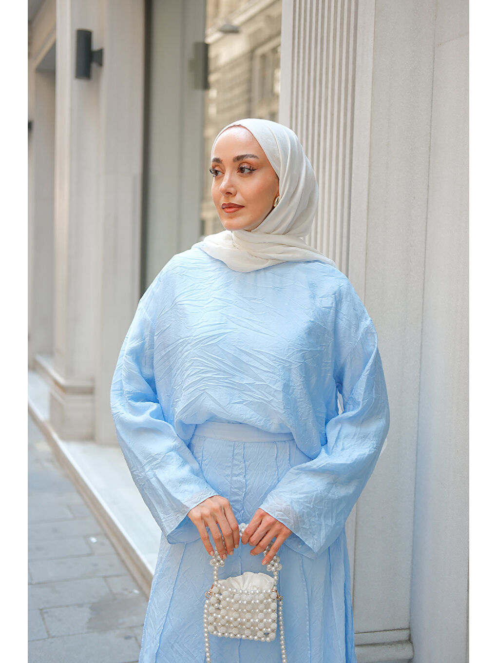 Kadın Kendinden Desenli İkili Takım Bebe Mavi-2