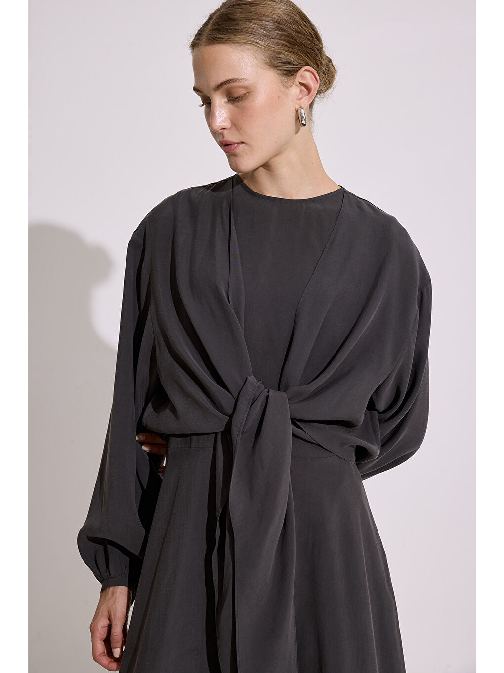 Modal Uzun Kol Anvelop Elbise Antrasit-2