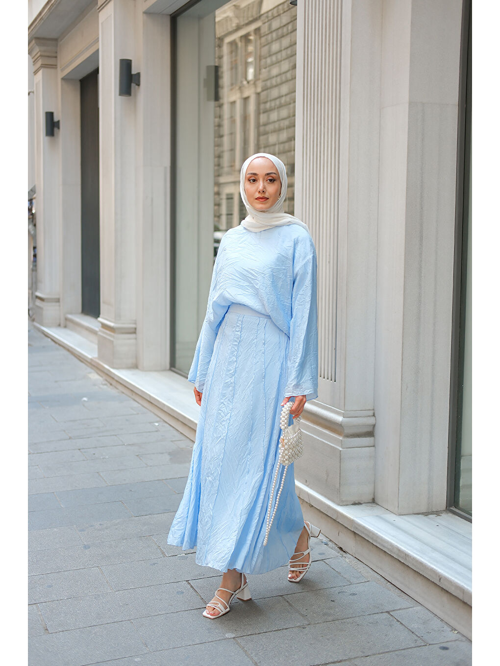 Kadın Kendinden Desenli İkili Takım Bebe Mavi-3