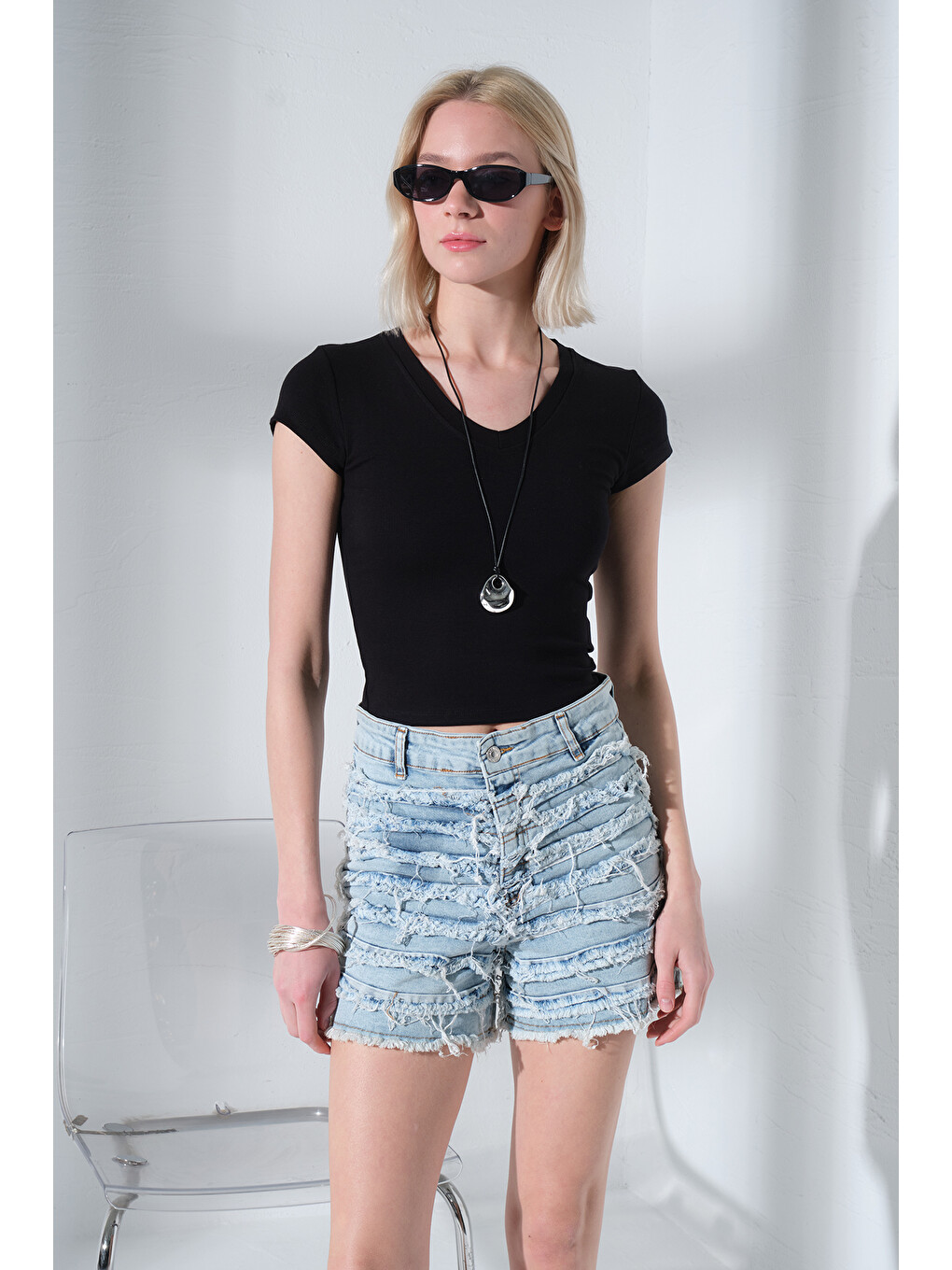 Siyah V Yaka Soft Touch Premium Ay Kol Örme Body Bluz @Alto-1