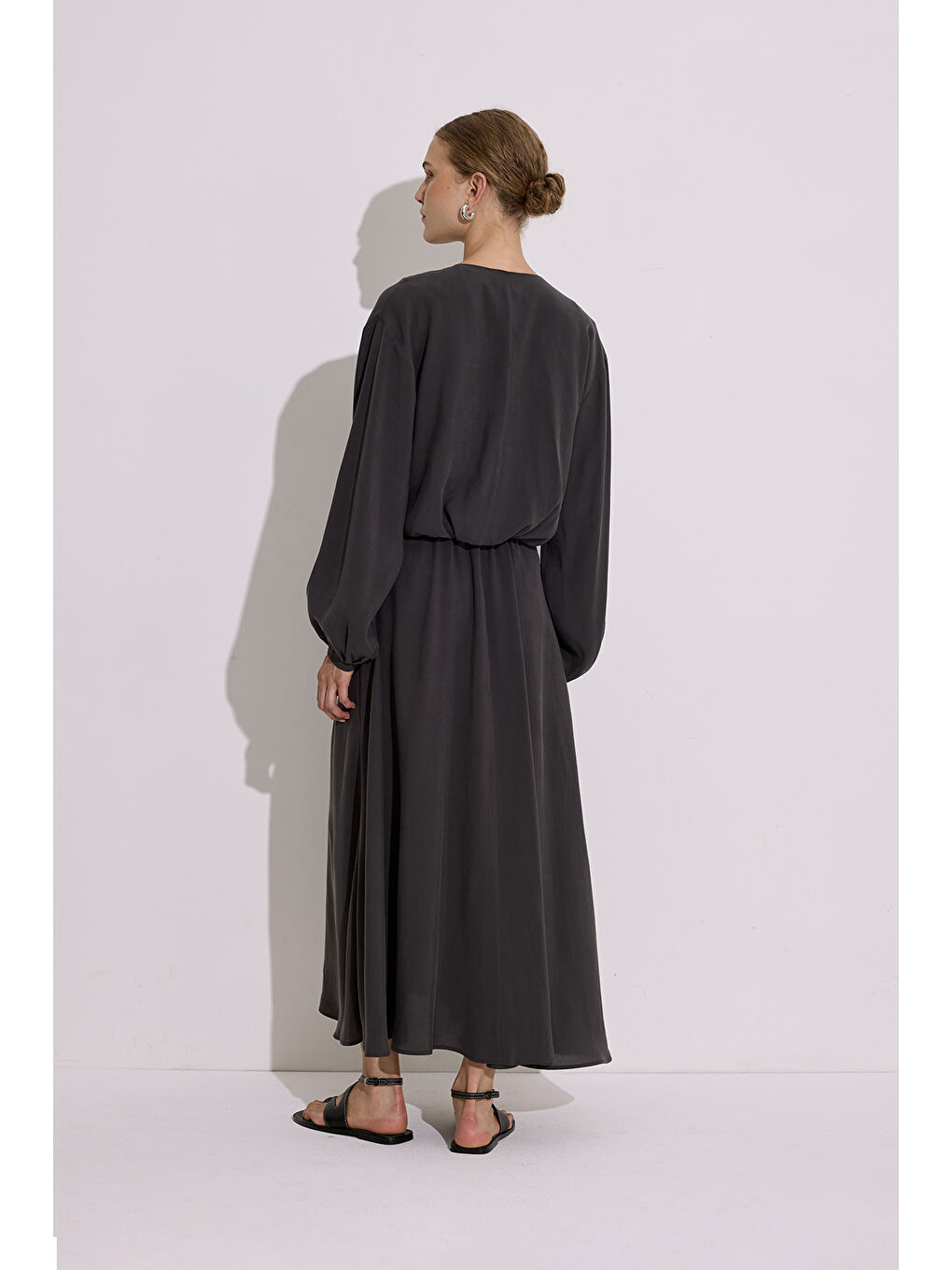 Modal Uzun Kol Anvelop Elbise Antrasit-3