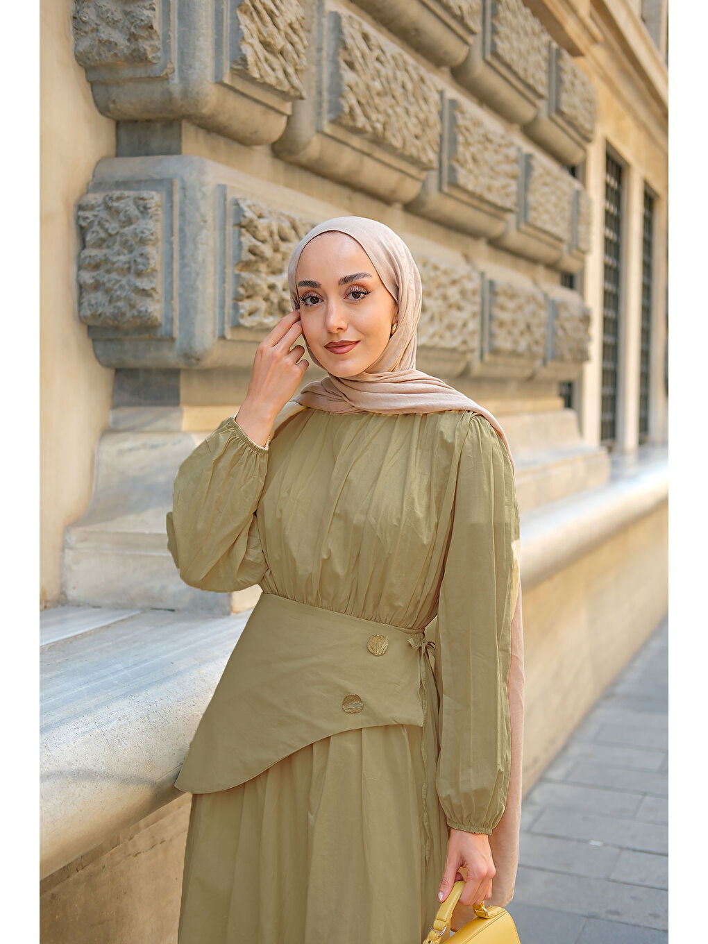 Kadın Kuşaklı Kraş Elbise Yağ Yeşil-1