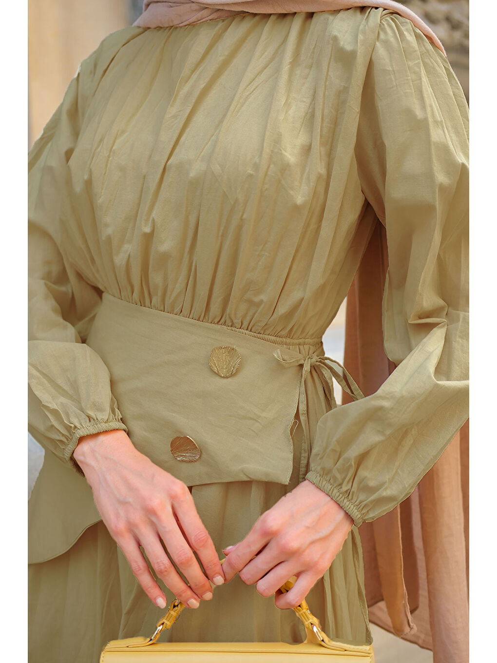 Kadın Kuşaklı Kraş Elbise Yağ Yeşil-2