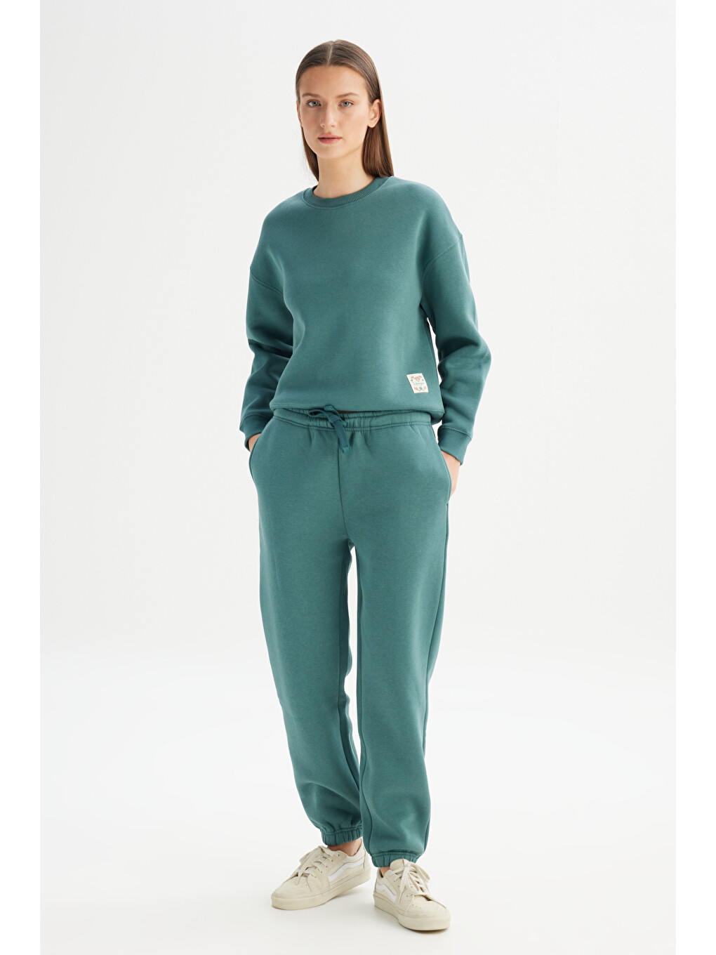 Relaxed Fit Geniş Kesim Bisiklet Yaka İçi Polarlı Yeşil Sweatshirt-1