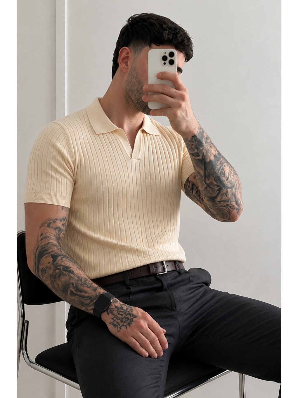 Bej Premium Fitilli Triko Polo Yaka Erkek Old Money T-Shirt-1