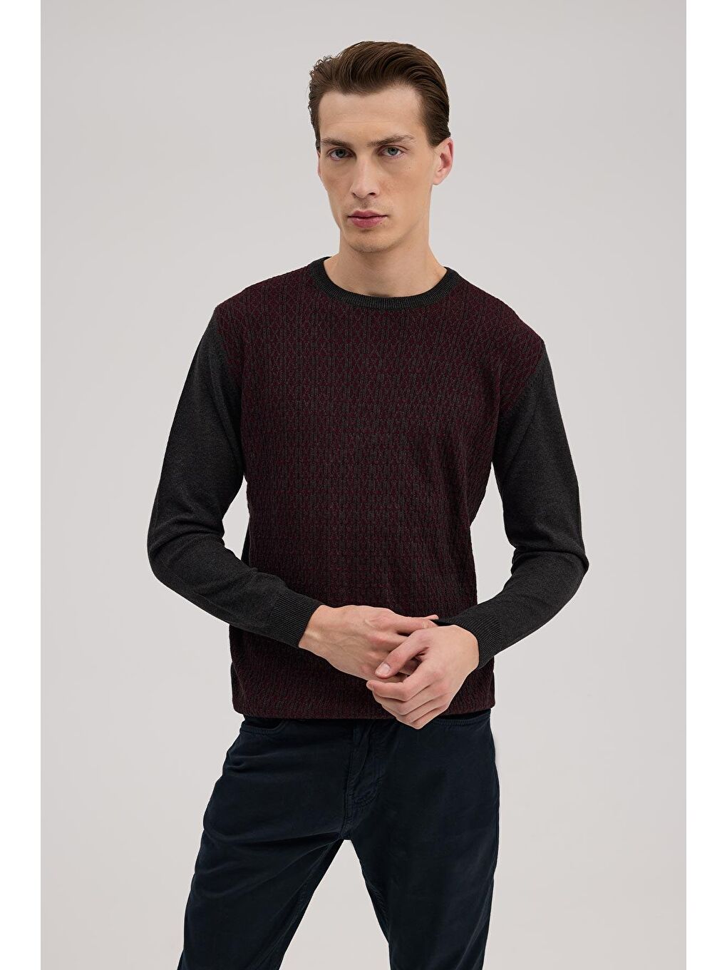 Gri Füme Bordo Klasik Fit Bisiklet Yaka Desenli Triko-1