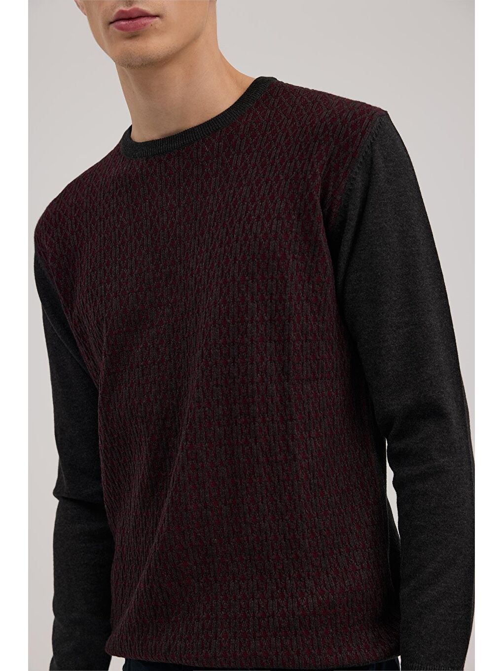 Gri Füme Bordo Klasik Fit Bisiklet Yaka Desenli Triko-2