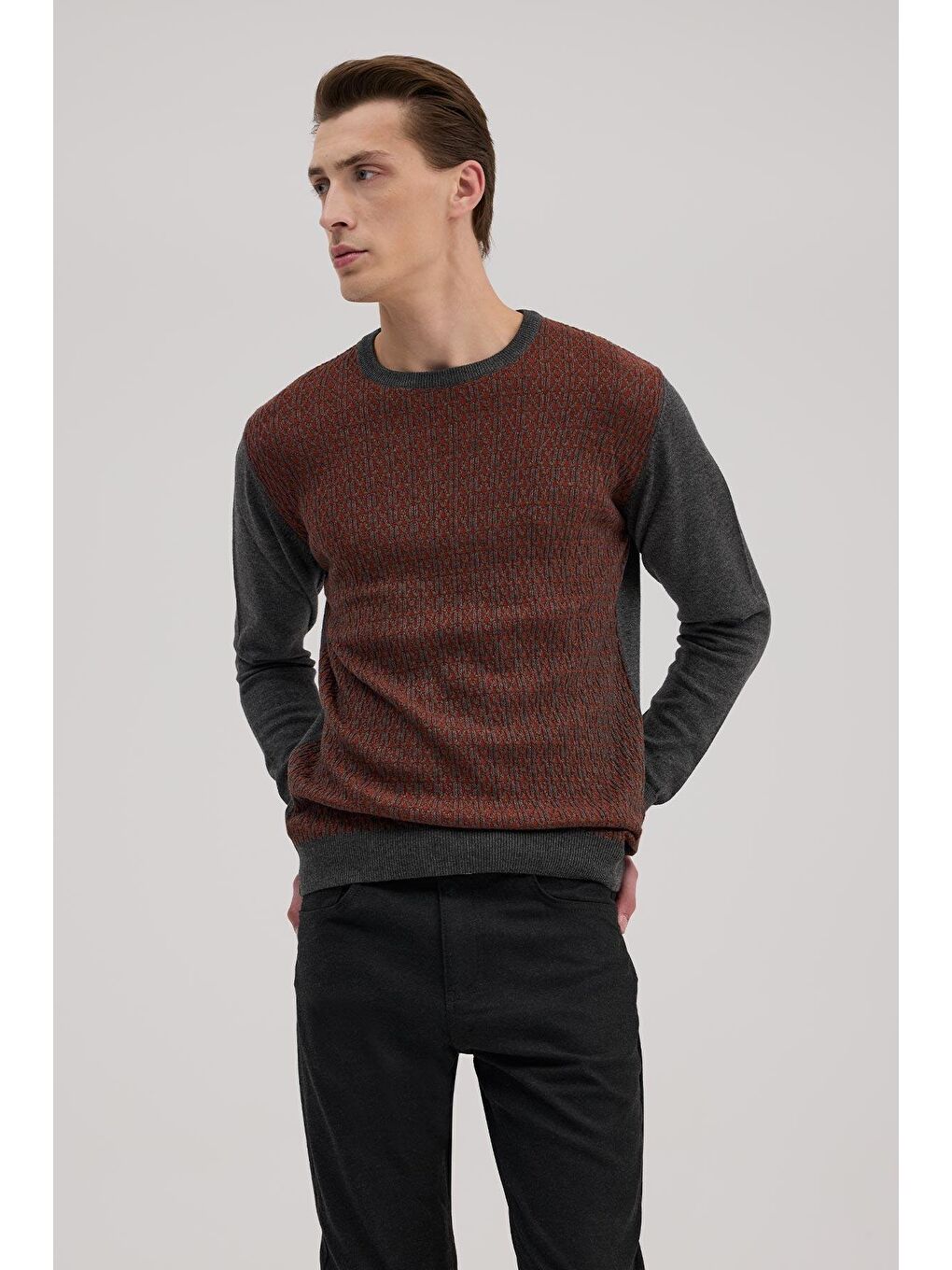 Kahverengi Gri Tarçın Klasik Fit Bisiklet Yaka Desenli Triko-1