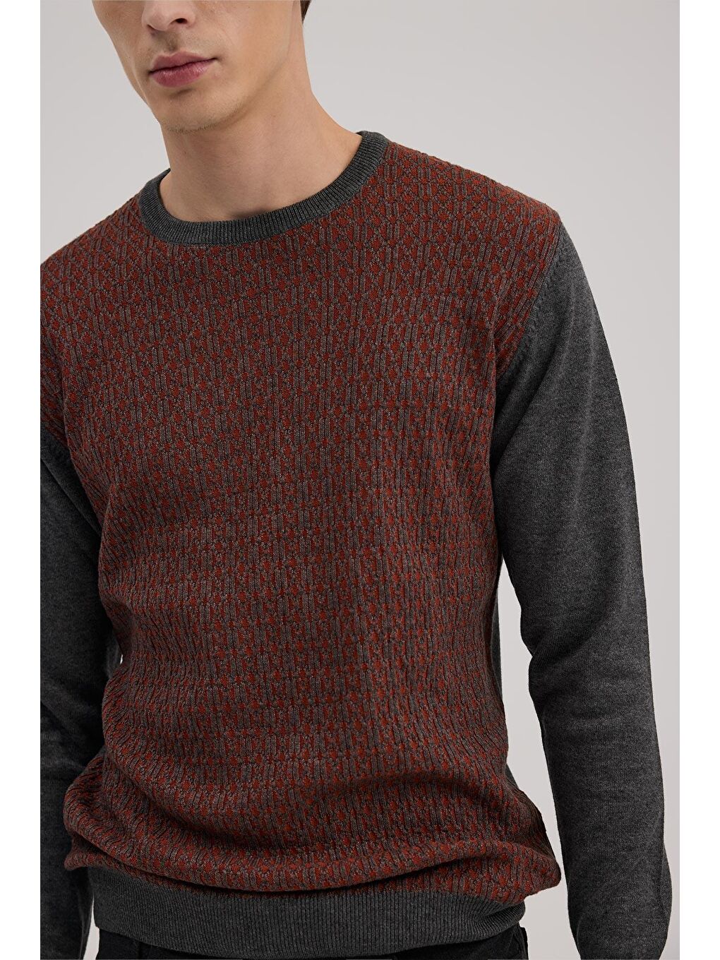 Kahverengi Gri Tarçın Klasik Fit Bisiklet Yaka Desenli Triko-2