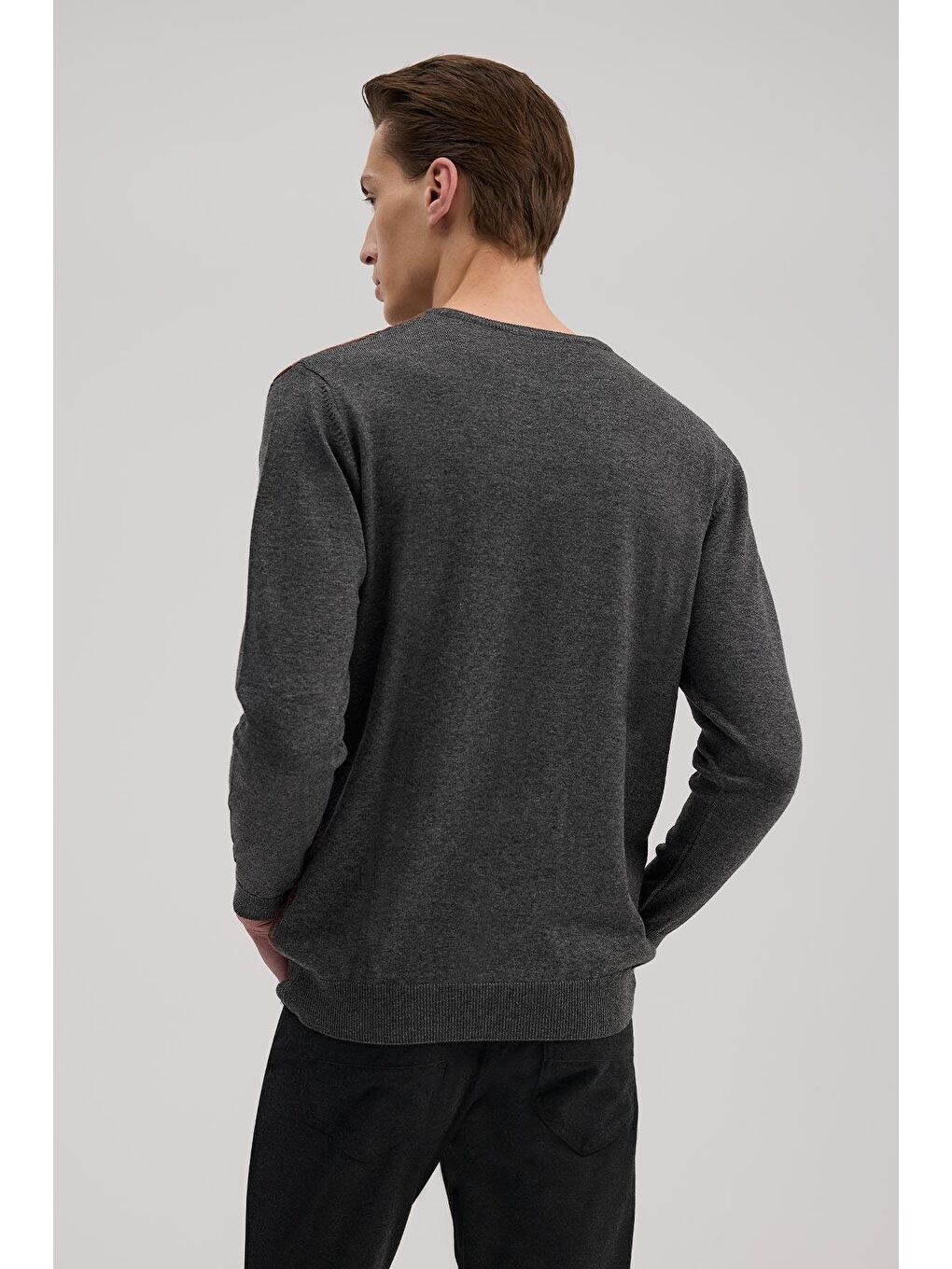 Kahverengi Gri Tarçın Klasik Fit Bisiklet Yaka Desenli Triko-3