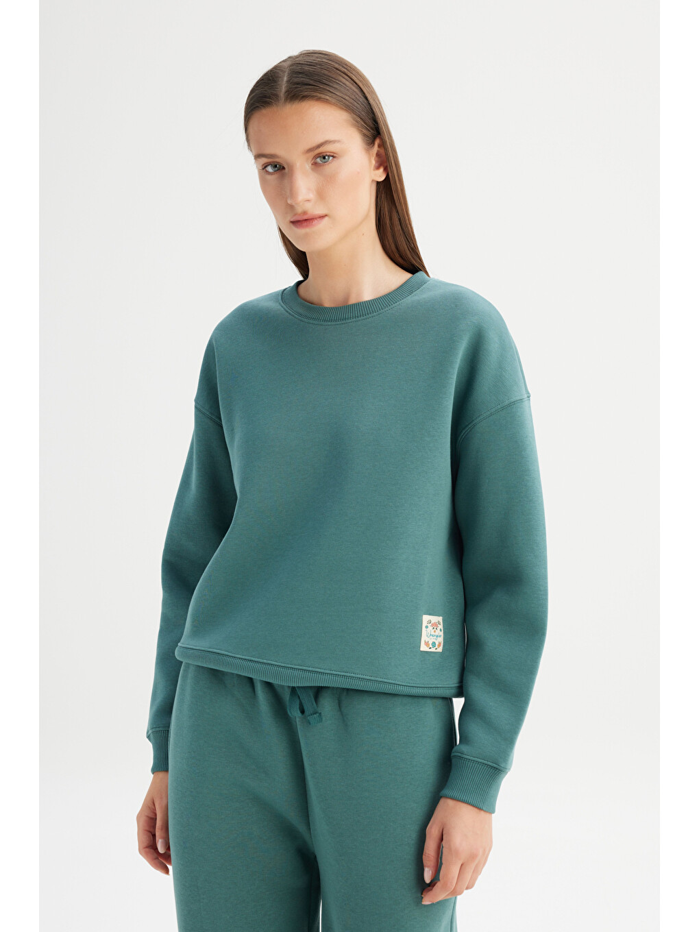 Relaxed Fit Geniş Kesim Bisiklet Yaka İçi Polarlı Yeşil Sweatshirt-2