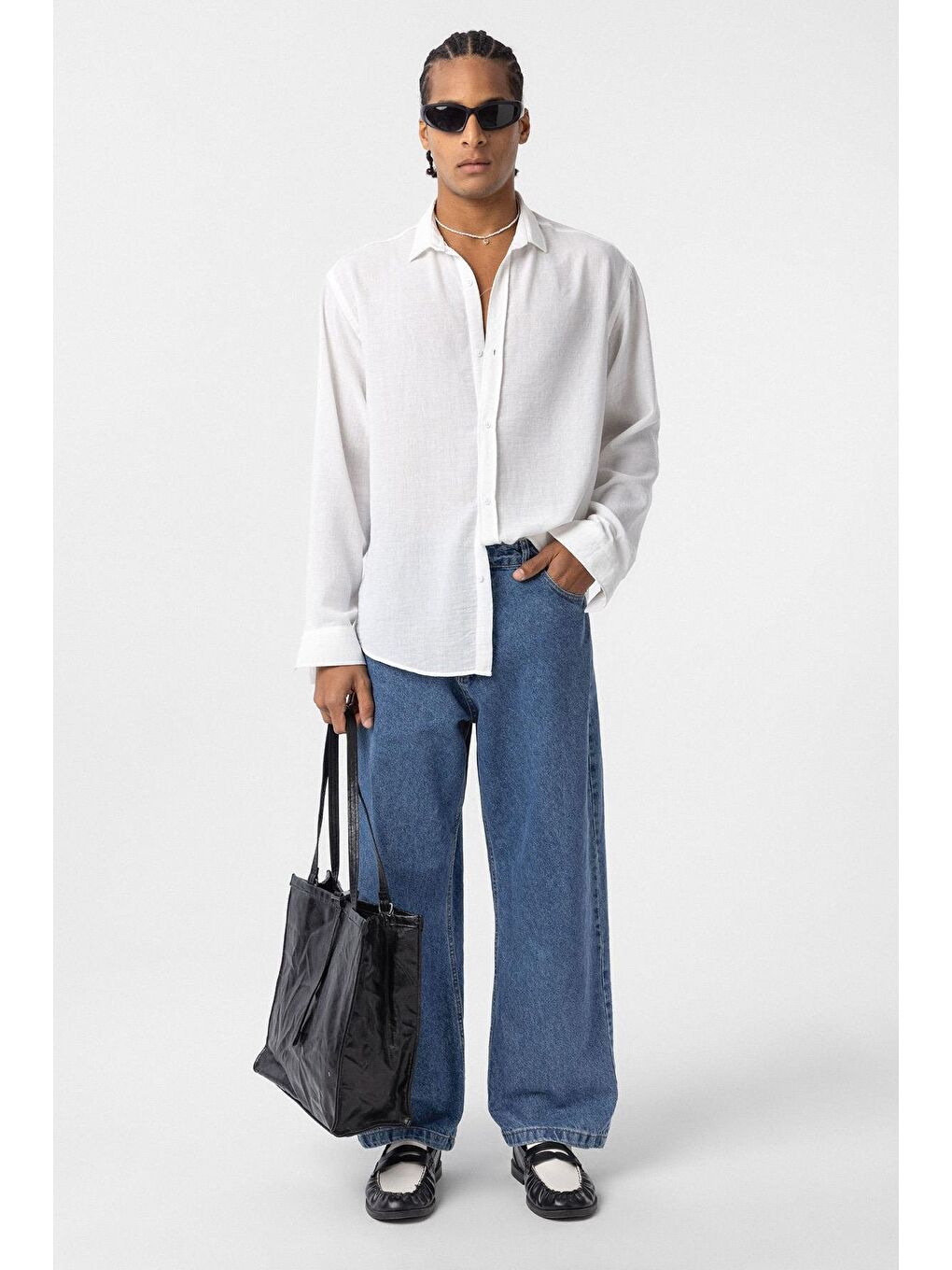 Basic Oversize Uzun Kol Keten Görünümlü Gömlek Beyaz