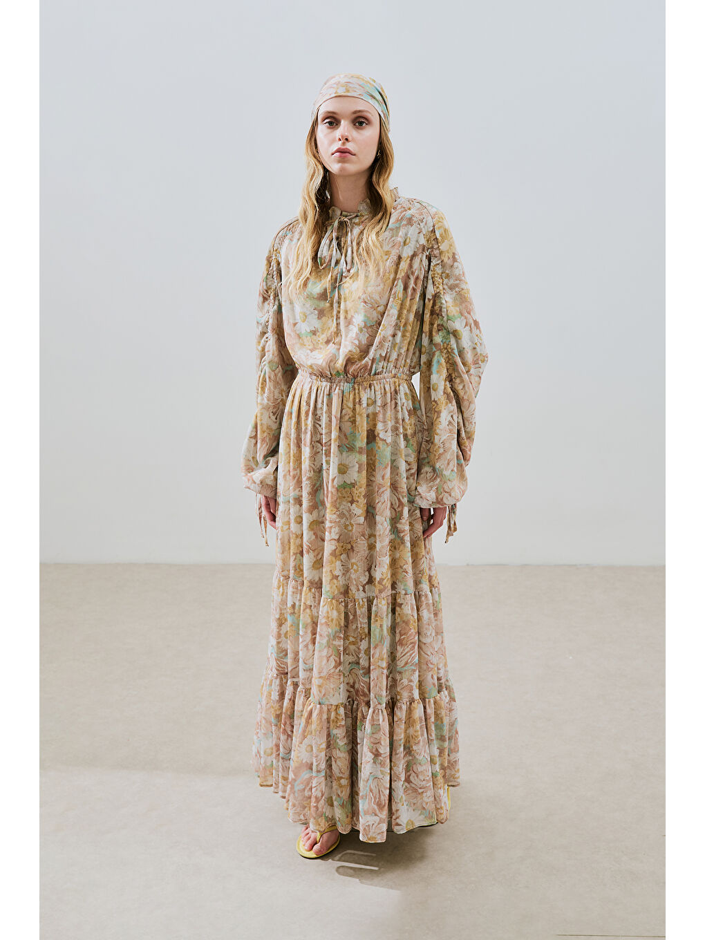 Turuncu Uzun Büzgülü Şifon Elbise Blossoms-4