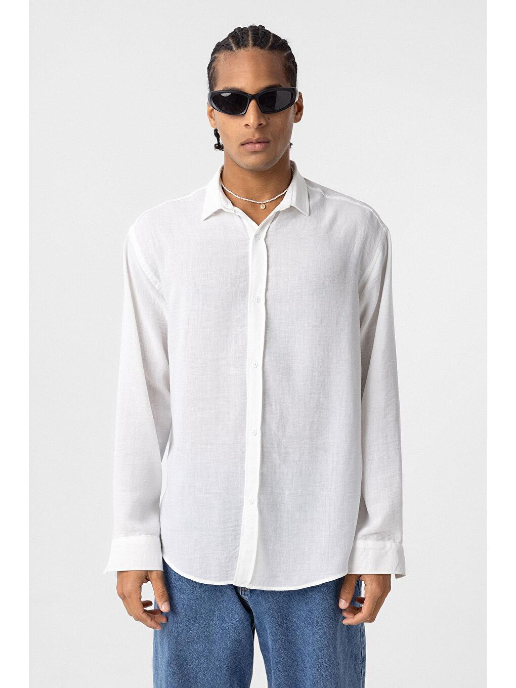 Basic Oversize Uzun Kol Keten Görünümlü Gömlek Beyaz-1