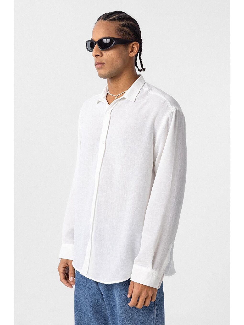 Basic Oversize Uzun Kol Keten Görünümlü Gömlek Beyaz-2
