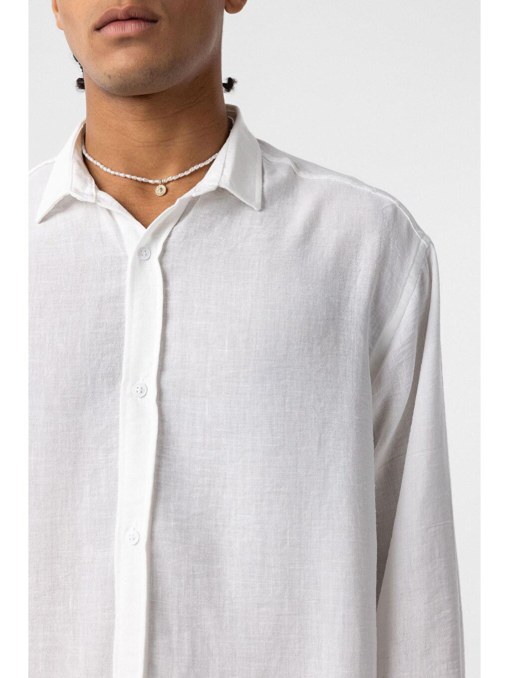 Basic Oversize Uzun Kol Keten Görünümlü Gömlek Beyaz-3
