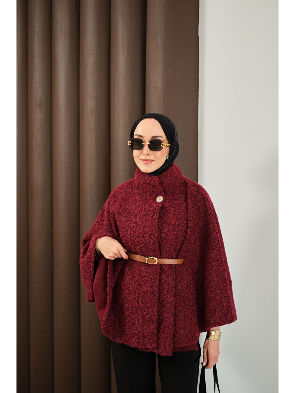 Kadın Kemer Detaylı Panço Bordo-1