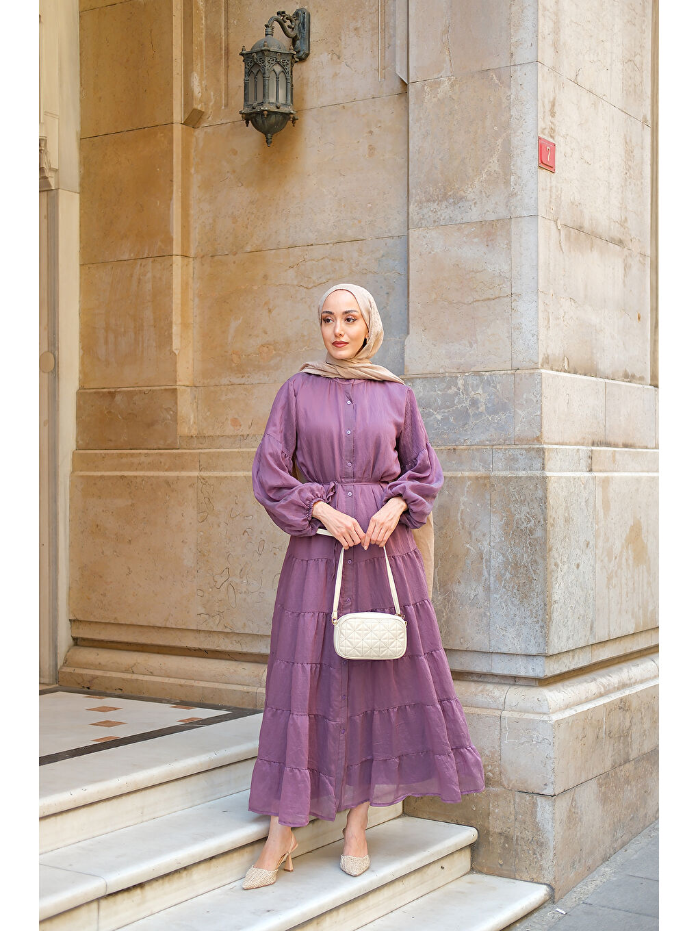 Kadın Astarlı Tül Elbise Mürdüm-1