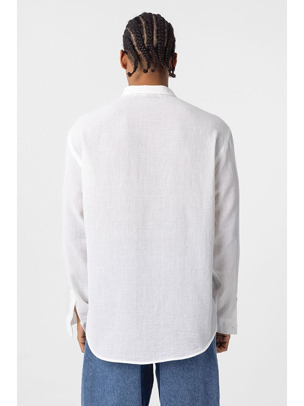 Basic Oversize Uzun Kol Keten Görünümlü Gömlek Beyaz-5