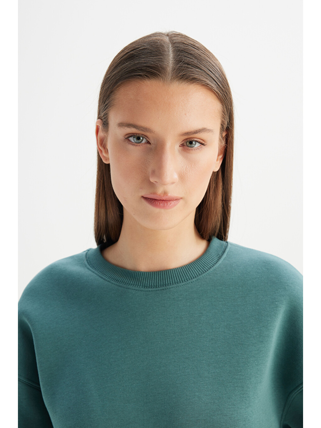 Relaxed Fit Geniş Kesim Bisiklet Yaka İçi Polarlı Yeşil Sweatshirt-3